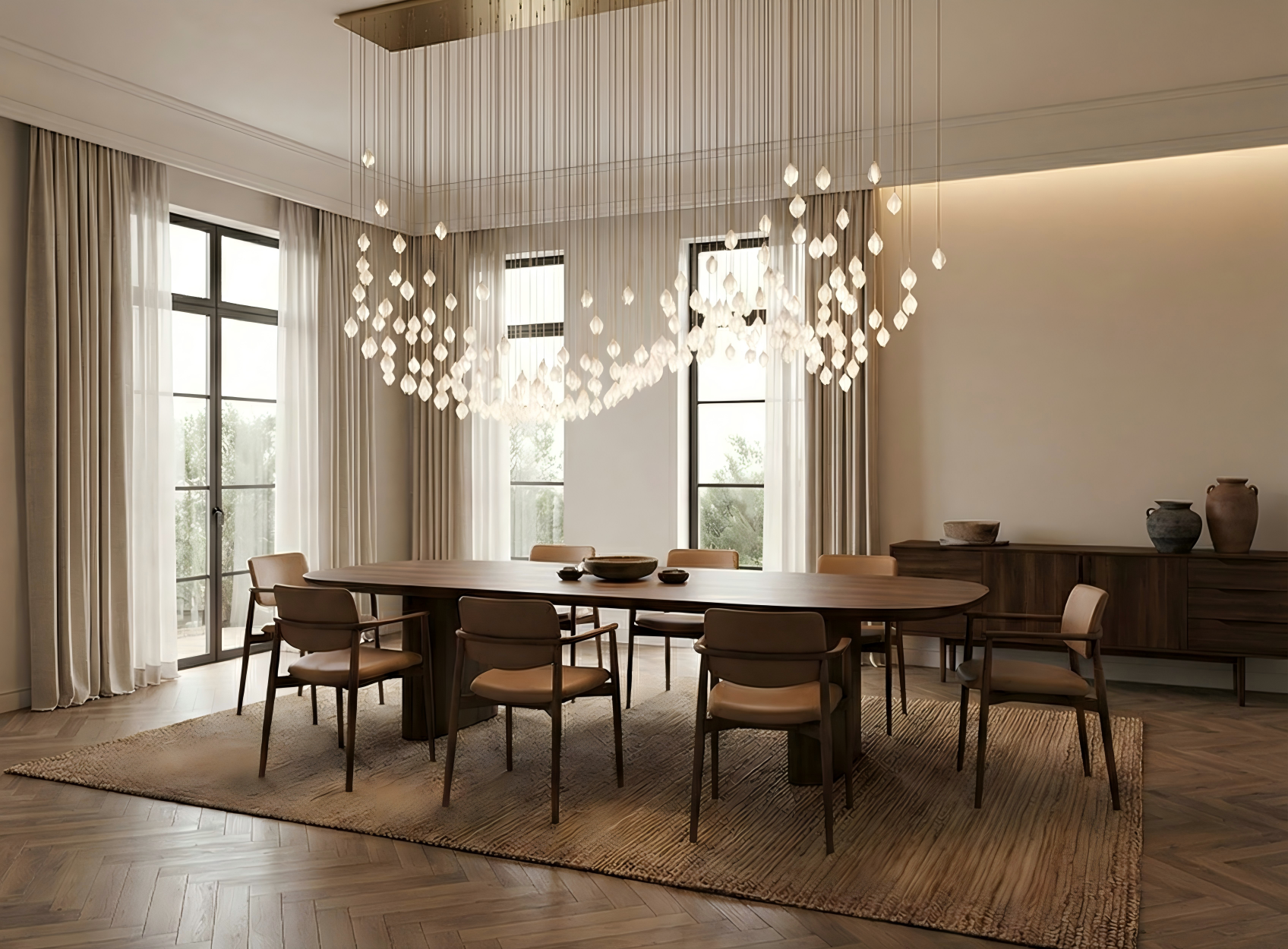 Modern dining room with a large wooden table and chairs, featuring a chandelier and large windows.